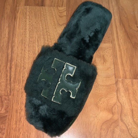 NWT Tory Burch Double T Shearling Slide Slippers - Picture 2 of 11